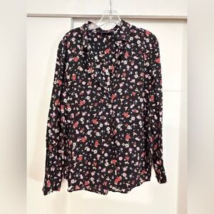Kooples Black Ditsy Floral Print Silk Blouse with Trim M
